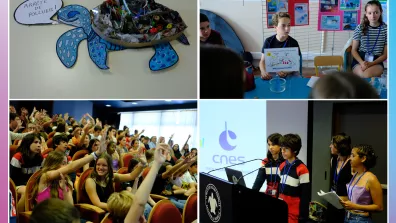 Quatre images en une, la première montre une tortue réalisée en maquette, les trois autres montrent des enfants lors de la rencontre Argonautica Quatre images en une, la première montre une tortue réalisée en maquette, les trois autres montrent des enfants lors de la rencontre Argonautica