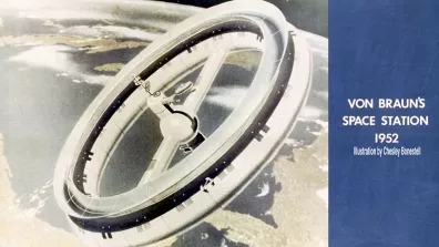 Dès 1952, le scientifique W. Von Braun, qui a joué un grand rôle dans la mise au point des fusées, imaginait un vaisseau avec une gravité artificielle, reproduite à l’aide d’une roue tournant sur elle-même.  Dès 1952, le scientifique W. Von Braun, qui a joué un grand rôle dans la mise au point des fusées, imaginait un vaisseau avec une gravité artificielle, reproduite à l’aide d’une roue tournant sur elle-même.