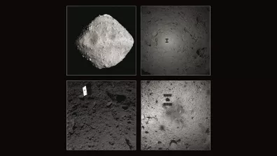 L'astéroïde Ryugu photographié par la sonde Hayabusa2.  L'astéroïde Ryugu photographié par la sonde Hayabusa2.