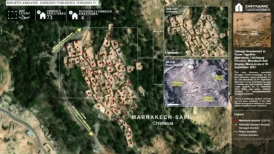 Image acquise au-dessus de la ville de Douar Tagadirte, province du Chichaoua, par le satellites Pléiades-1B en septembre 2023 et légendée par UNITAR/UNOSAT Image acquise au-dessus de la ville de Douar Tagadirte, province du Chichaoua, par le satellites Pléiades-1B en septembre 2023 et légendée par UNITAR/UNOSAT