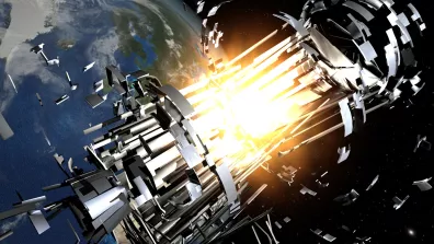 Illustration de l'explosion d'un étage supérieur de fusée resté en orbite. Illustration de l'explosion d'un étage supérieur de fusée resté en orbite.