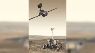 Vue d’artiste de l’orbiteur et du rover ExoMars (les représentations ne sont pas à l’échelle). Vue d’artiste de l’orbiteur et du rover ExoMars (les représentations ne sont pas à l’échelle).