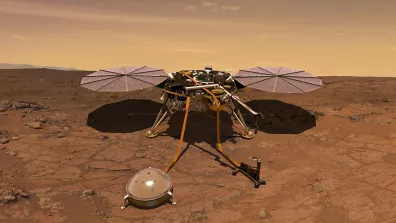Vue d’artiste de l’atterrisseur InSight, à la surface de Mars avec le sismomètre SEIS déployé en bas à gauche.  Vue d’artiste de l’atterrisseur InSight, à la surface de Mars avec le sismomètre SEIS déployé en bas à gauche.