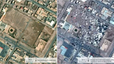Images d'un stade vu par satellite avant / après le séisme au Maroc en septembre 2023 Images d'un stade vu par satellite avant / après le séisme au Maroc en septembre 2023
