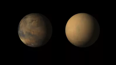 Photos prises par la sonde Mars Reconnaissance Orbiter (NASA) montrant Mars avant (à gauche) et pendant (à droite) une tempête de poussière, qui a fait perdre contact avec le rover Opportunity.  Photos prises par la sonde Mars Reconnaissance Orbiter (NASA) montrant Mars avant (à gauche) et pendant (à droite) une tempête de poussière, qui a fait perdre contact avec le rover Opportunity.
