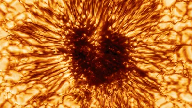 Gros plan sur une tâche sombre à la surface du Soleil de 5000 km de diamètre. Image du télescope Daniel-K.-Inouye. Gros plan sur une tâche sombre à la surface du Soleil de 5000 km de diamètre. Image du télescope Daniel-K.-Inouye.