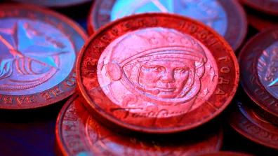 Image de l’astronaute Youri Gagarine sur une pièce de monnaie russe. Image de l’astronaute Youri Gagarine sur une pièce de monnaie russe.