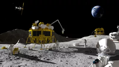 Vue d'artiste d'une base humaine sur la Lune Vue d'artiste d'une base humaine sur la Lune