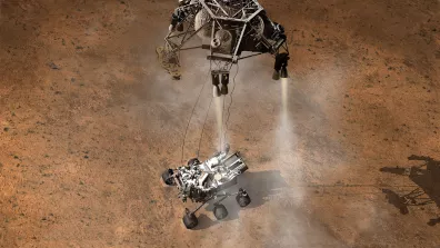 Vue d’artiste de l’atterrissage du rover Curiosity sur Mars Vue d’artiste de l’atterrissage du rover Curiosity sur Mars