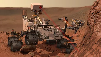 Vue d’artiste de l’utilisation de la ChemCam Vue d’artiste de l’utilisation de la ChemCam