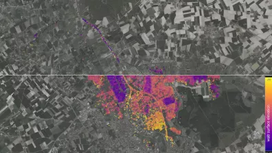 Image recomposée à partir de deux acquisitions du satellite SWOT à un mois d'intervalle au-dessus de la ville de Saint-Omer Image recomposée à partir de deux acquisitions du satellite SWOT à un mois d'intervalle au-dessus de la ville de Saint-Omer