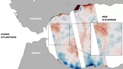 Schéma représentant les ondes internes observées au niveau du détroit de Gibraltar par le satellite SWOT Schéma représentant les ondes internes observées au niveau du détroit de Gibraltar par le satellite SWOT