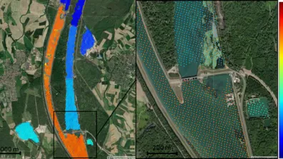 Vue de la hauteur d’eau mesurée par SWOT sur le Rhin au niveau d’un barrage hydroélectrique faisant brusquement varier le niveau d’environ 7 mètres passant du orange au bleu sur les mesures “Individuelles” du zoom de droite Vue de la hauteur d’eau mesurée par SWOT sur le Rhin au niveau d’un barrage hydroélectrique faisant brusquement varier le niveau d’environ 7 mètres passant du orange au bleu sur les mesures “Individuelles” du zoom de droite