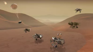 Illustration de l’atterrissage du drone Dragonfly sur Titan Illustration de l’atterrissage du drone Dragonfly sur Titan