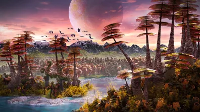 Paysage imaginaire à la surface d'une exoplanète habitable Paysage imaginaire à la surface d'une exoplanète habitable