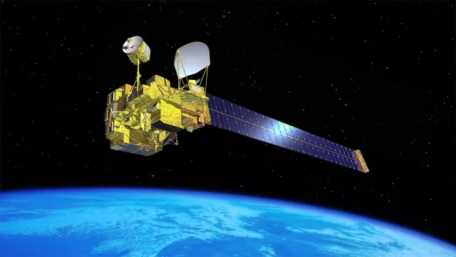 Vue d’artiste du satellite ADEOS avec l’instrument POLDER à son bord Vue d’artiste du satellite ADEOS avec l’instrument POLDER à son bord