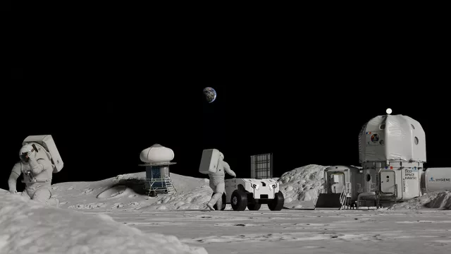Vue d’artiste d’une base spatiale spatiale sur la Lune Vue d’artiste d’une base spatiale spatiale sur la Lune