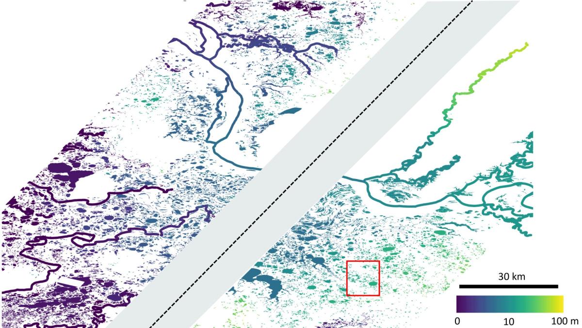 Figure représentant les hauteurs d'eau du delta du Yukon mesurées par SWOT en juin 2023 Figure représentant les hauteurs d'eau du delta du Yukon mesurées par SWOT en juin 2023