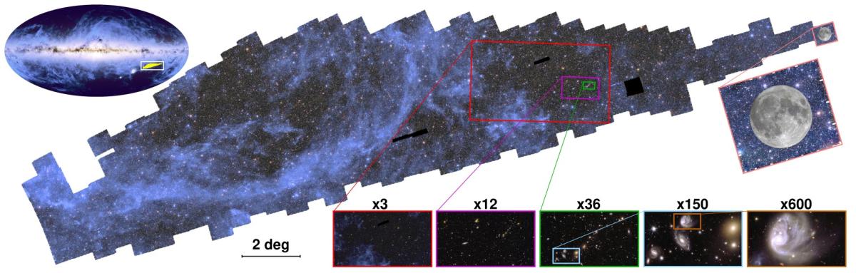 Aperçu de la mosaïque et des images zoomées publiées par la mission Euclid de l'ESA le 15 octobre 2024.  En haut à gauche, une carte de l'ensemble du ciel (41 000 degrés carrés) est visible avec l'emplacement de la mosaïque d'Euclid dans le ciel austral surligné en jaune. La mosaïque contient 260 observations réalisées entre le 25 mars et le 8 avril 2024. Aperçu de la mosaïque et des images zoomées publiées par la mission Euclid de l'ESA le 15 octobre 2024.  En haut à gauche, une carte de l'ensemble du ciel (41 000 degrés carrés) est visible avec l'emplacement de la mosaïque d'Euclid dans le ciel austral surligné en jaune. La mosaïque contient 260 observations réalisées entre le 25 mars et le 8 avril 2024.