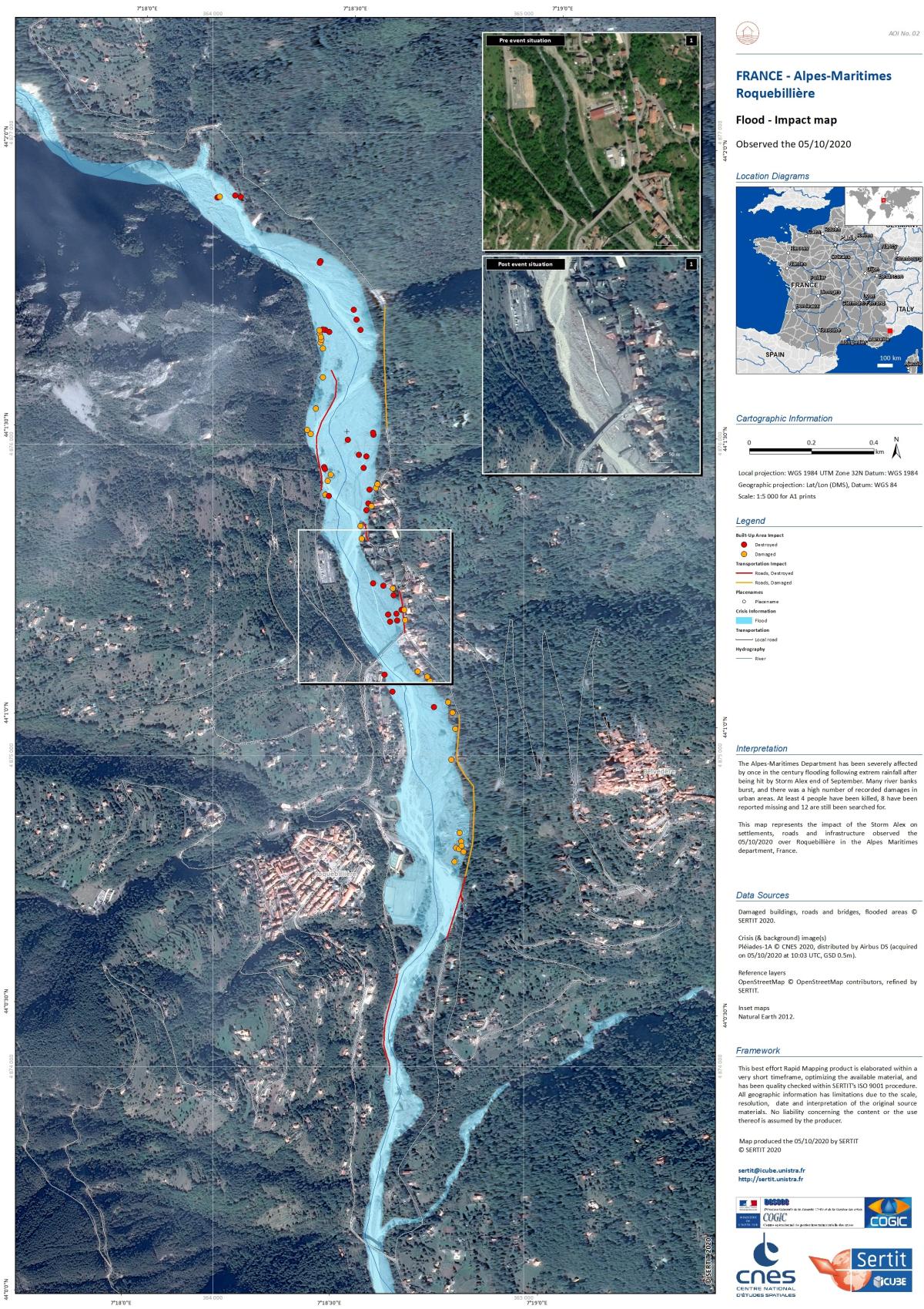 Image satellite de la crue et des dégâts après la tempête Alex en Vésubie, 2020 Image satellite de la crue et des dégâts après la tempête Alex en Vésubie, 2020