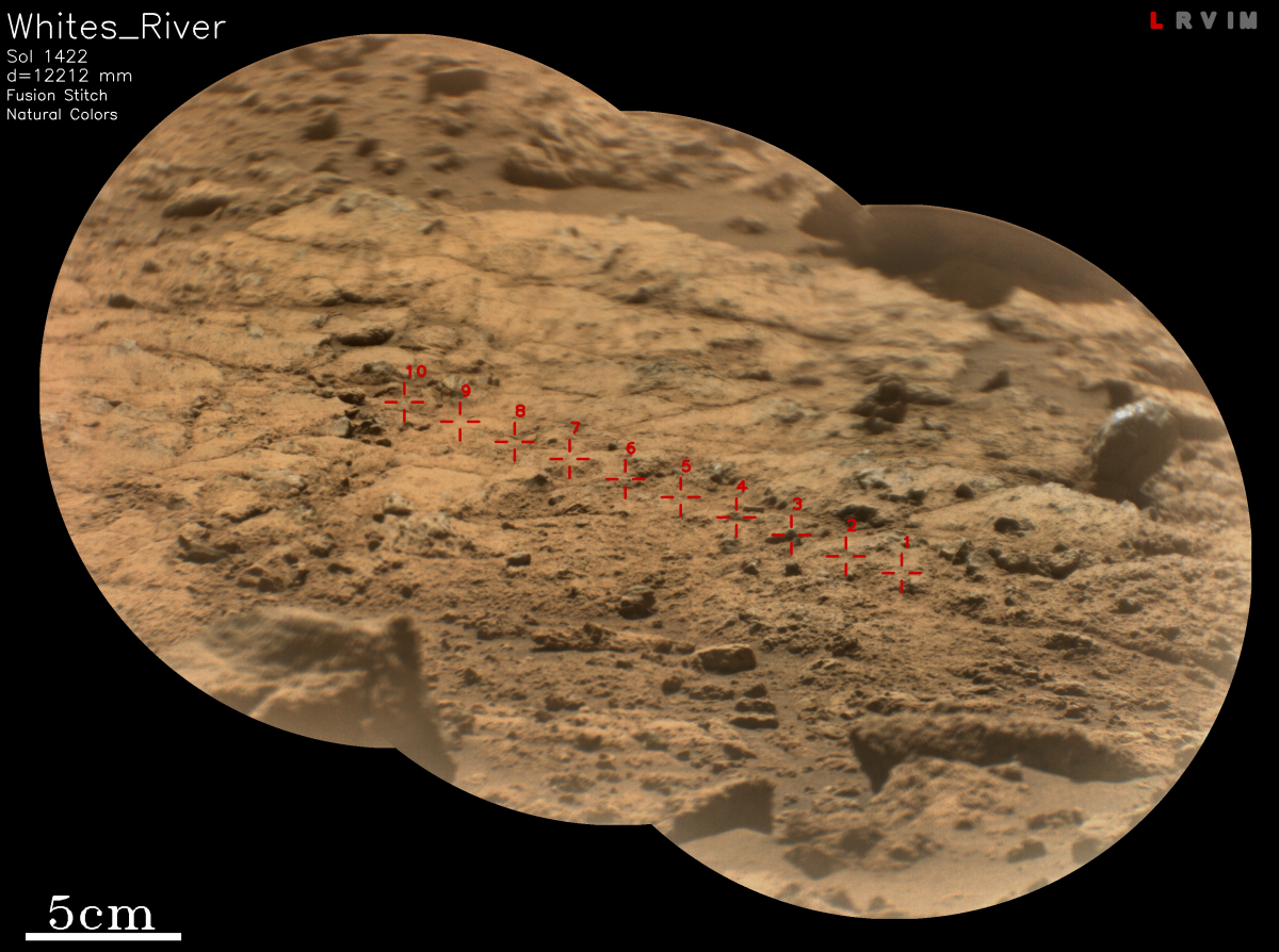 Matérialisation des tirs de l'instrument SuperCam du rover Perseverance sur la roche martienne Whites River. Matérialisation des tirs de l'instrument SuperCam du rover Perseverance sur la roche martienne Whites River.
