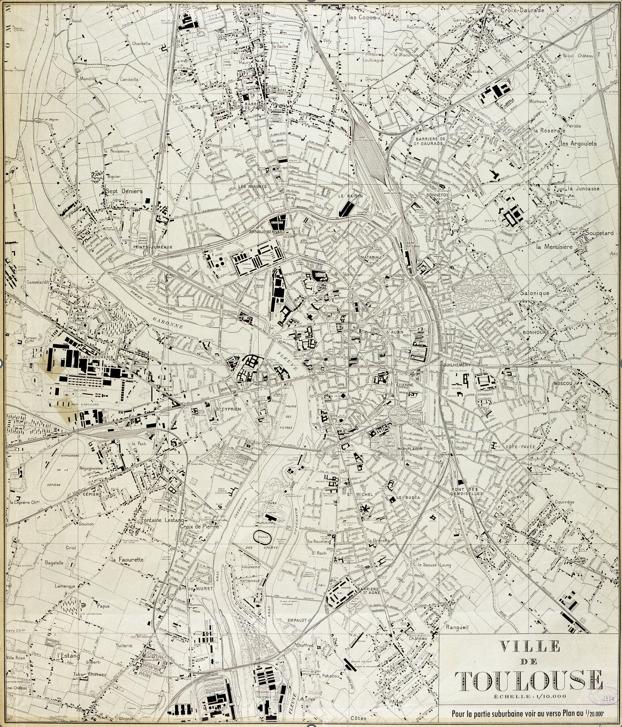 Toulouse en 1950 - © Archives Toulouse - https://www.archives.toulouse.fr/histoire-de-toulouse/patrimoine-urbain/plans-anciens Toulouse en 1950 - © Archives Toulouse - https://www.archives.toulouse.fr/histoire-de-toulouse/patrimoine-urbain/plans-anciens