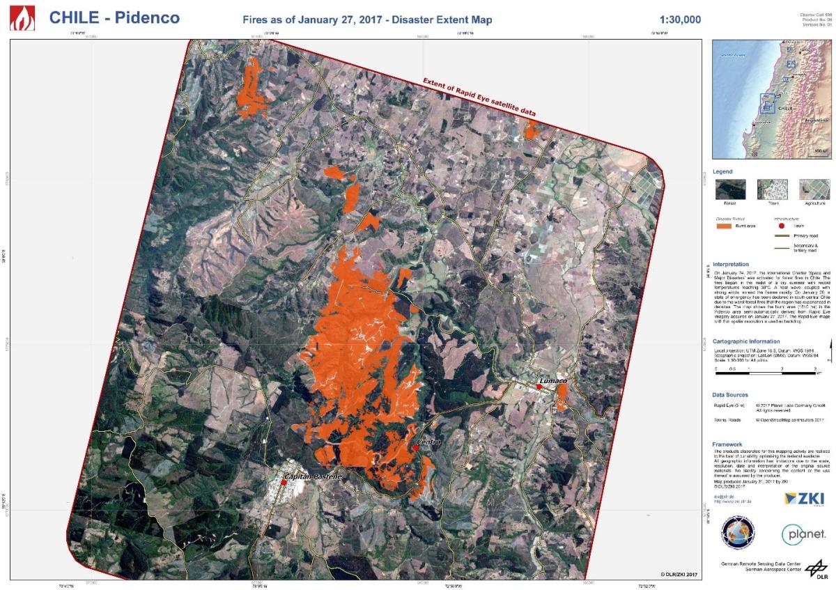 Carte montrant l’étendue des zones brûlées suite à des incendies ravageant le Chili Carte montrant l’étendue des zones brûlées suite à des incendies ravageant le Chili