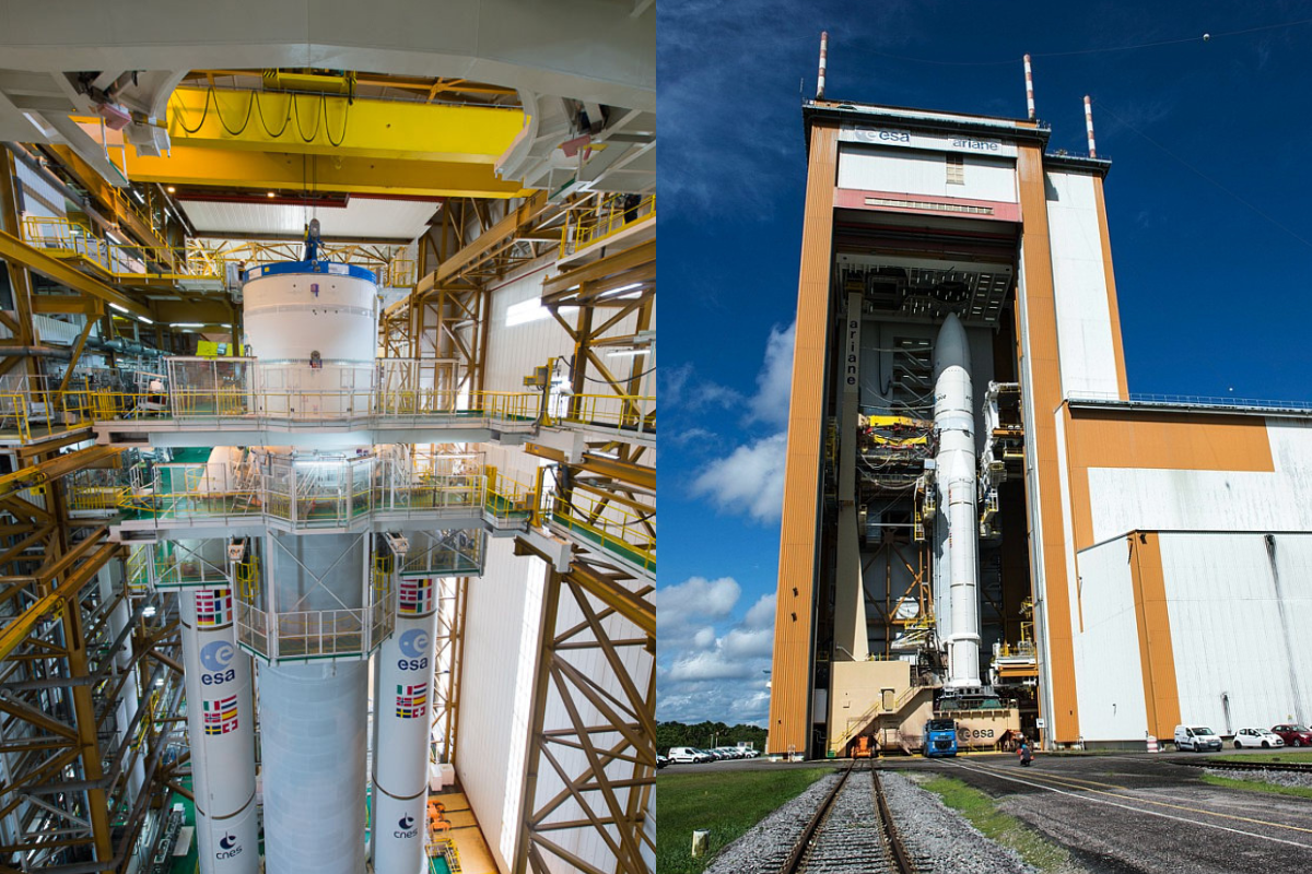 Ariane 5 lorsque son intégration est terminée dans le BIL, Ariane 5 en sortant du BAF   Ariane 5 lorsque son intégration est terminée dans le BIL, Ariane 5 en sortant du BAF