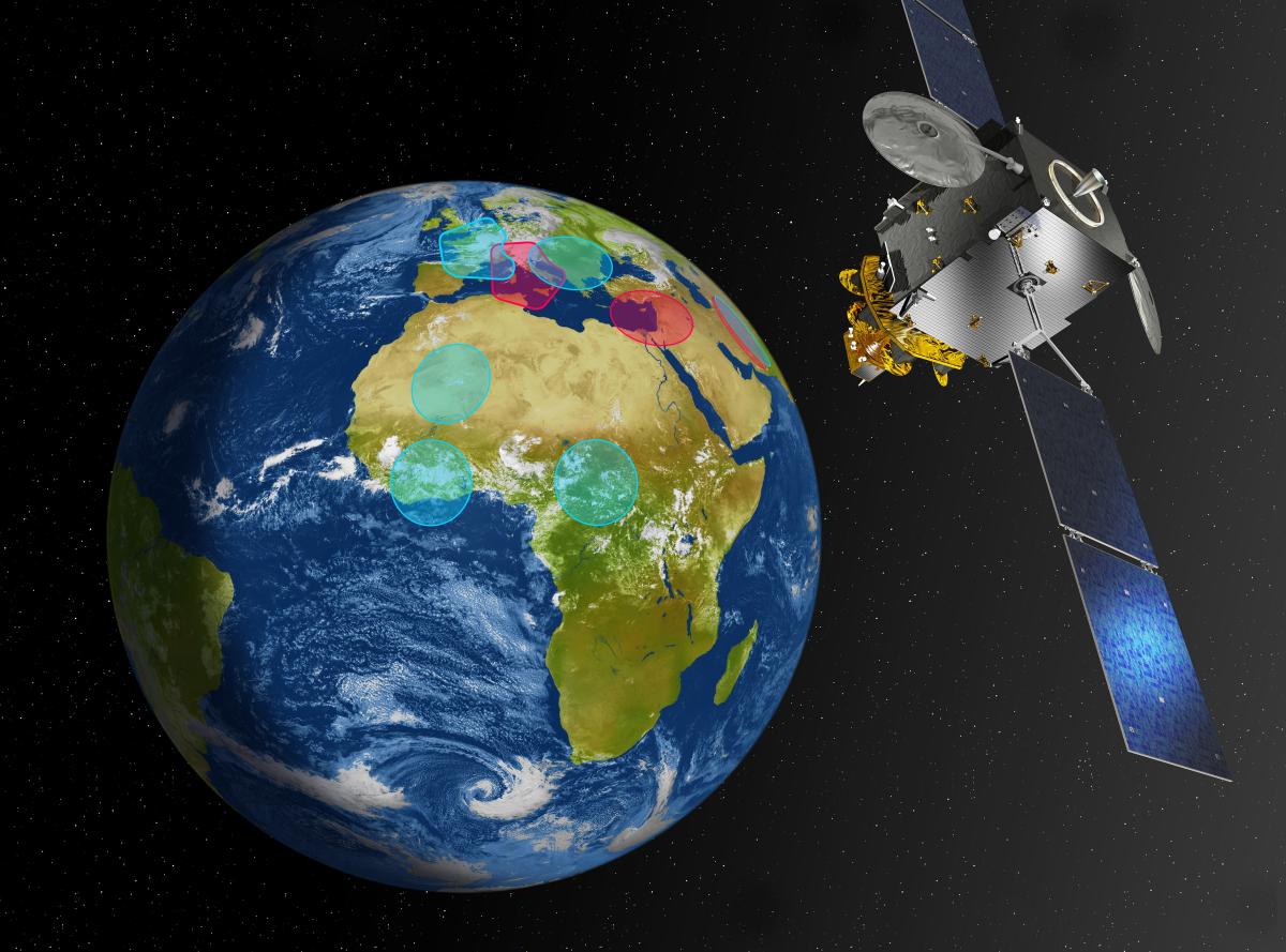 Illustration des zones de couverture du satellite Athena-Fidus Illustration des zones de couverture du satellite Athena-Fidus