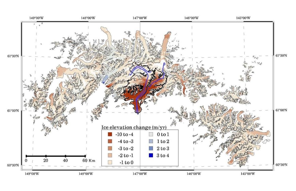 Carte de l'évolution de l'altitude de la surface dans les montagnes occidentales de Chugach  Carte de l'évolution de l'altitude de la surface dans les montagnes occidentales de Chugach