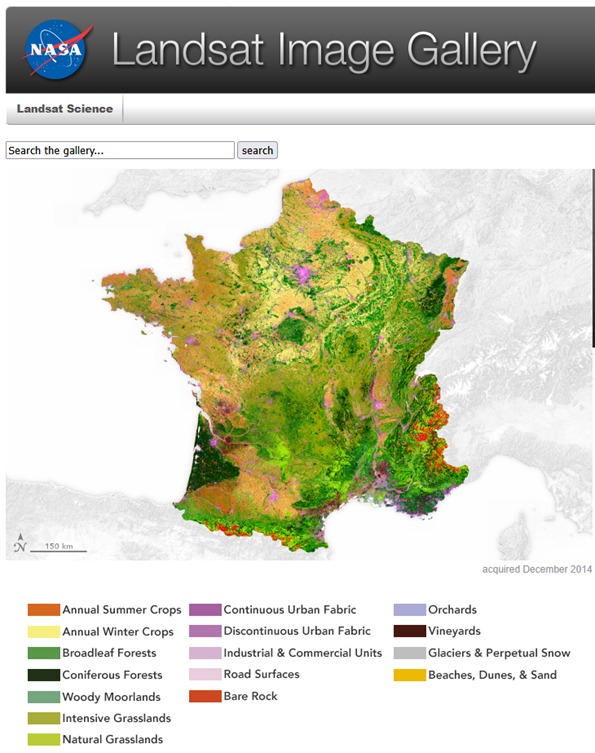Carte d'occupation des sols sur la France réalisée avec un an de données LANDSAT, Chaque couleur correspond à un type d'occupation des sols différent. Carte d'occupation des sols sur la France réalisée avec un an de données LANDSAT, Chaque couleur correspond à un type d'occupation des sols différent.