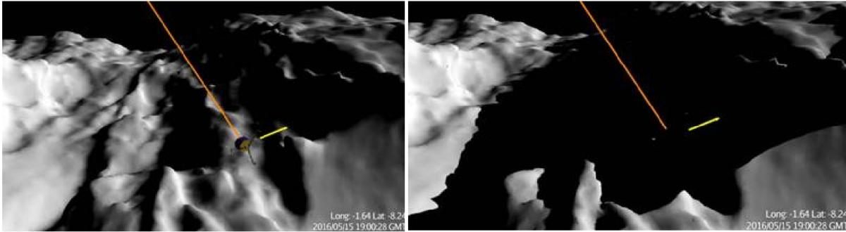 Exemples de simulations réalisées par le CNES pour déterminer les chances de voir Philae éclairé dans la région d'Abydos Exemples de simulations réalisées par le CNES pour déterminer les chances de voir Philae éclairé dans la région d'Abydos