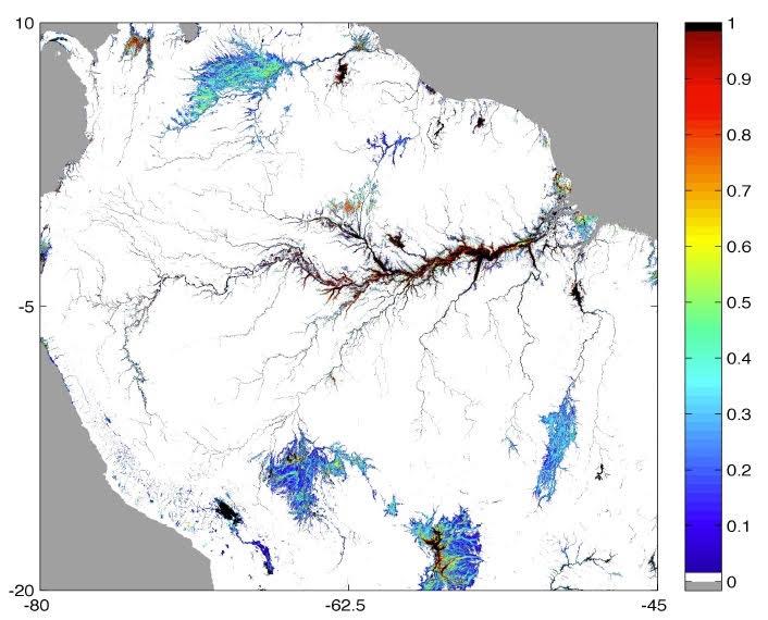 Carte des probabilités d'inondation sur le bassin de l'Amazon Carte des probabilités d'inondation sur le bassin de l'Amazon