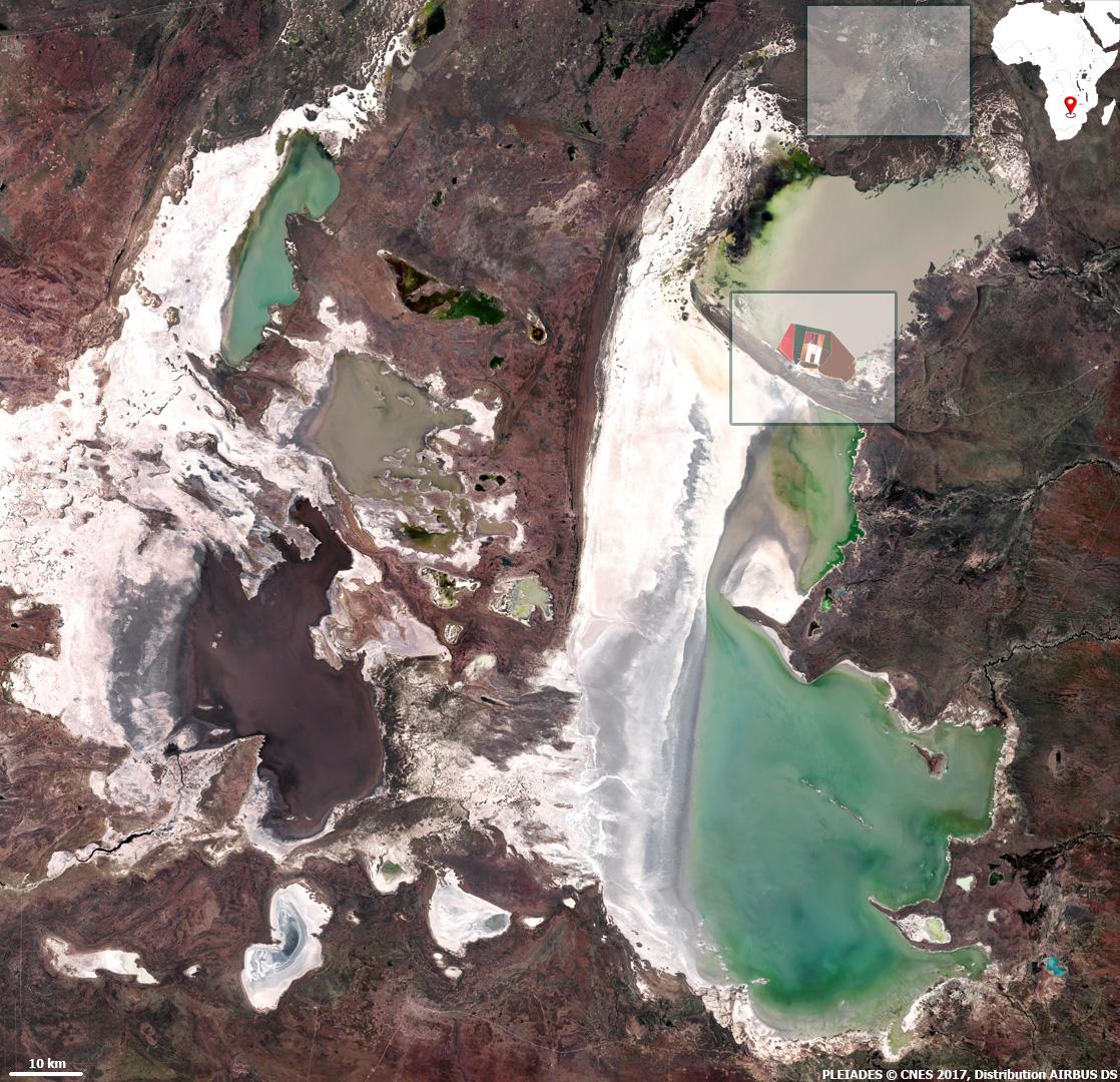 Image satellite des grands salars du bassin de Makgadikgadi et de la cuvette de Sowa