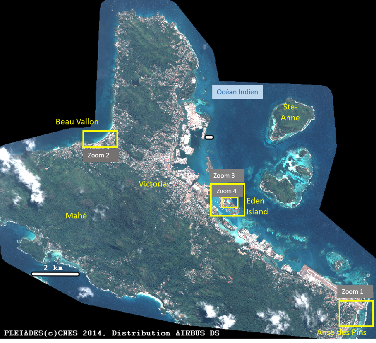 Image satellite de Mahé, l'île la plus grande et la plus peuplée de l'archipel des Seychelles