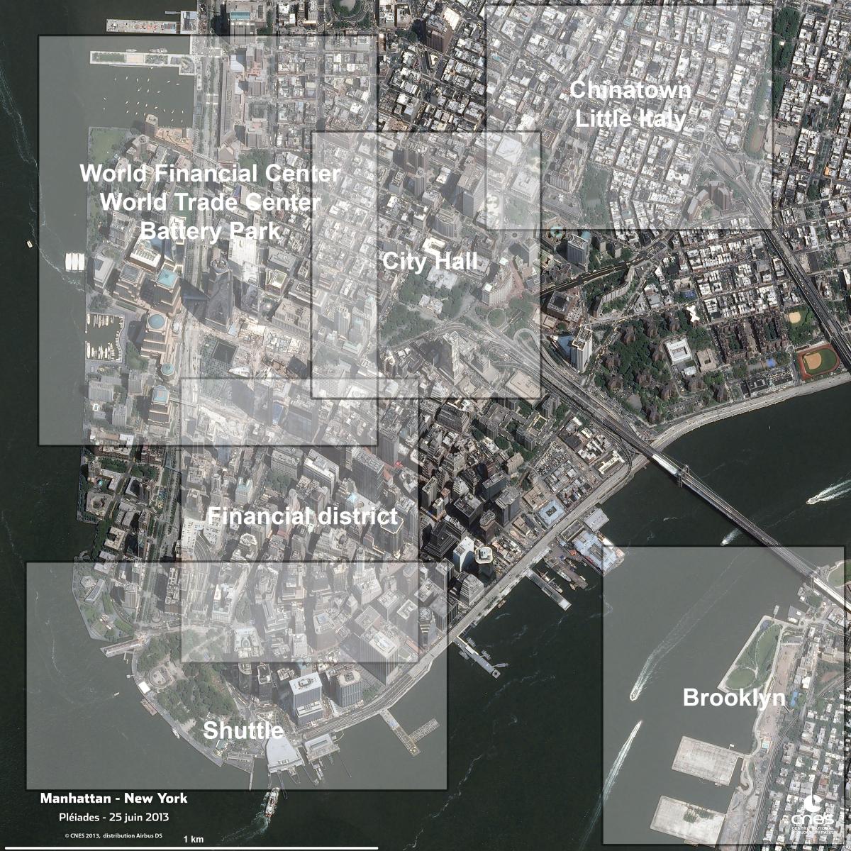 Image satellite du sud de l'île de Manhattan est le coeur historique la ville de New York Image satellite du sud de l'île de Manhattan est le coeur historique la ville de New York