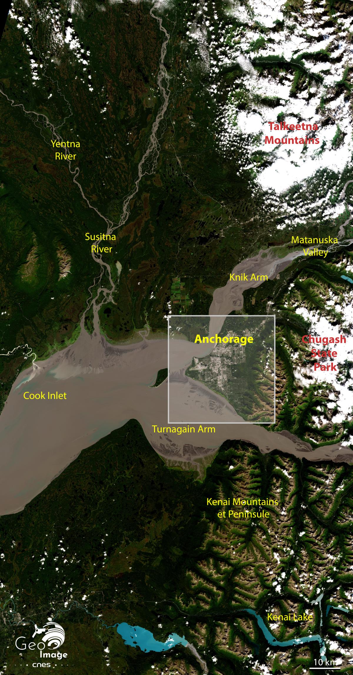Image satellite d'Anchorage, la plus grande ville d'Alaska Image satellite d'Anchorage, la plus grande ville d'Alaska