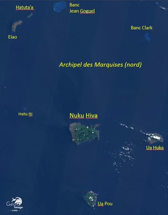 Image satellite vue générale sur la partie Nord de l'archipel des Marquises en Polynésie française  Image satellite vue générale sur la partie Nord de l'archipel des Marquises en Polynésie française