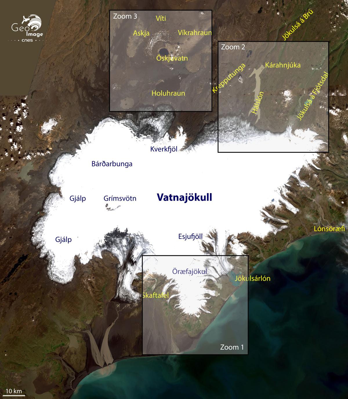 image satellite de la plus grande calotte glaciaire d'Islande image satellite de la plus grande calotte glaciaire d'Islande