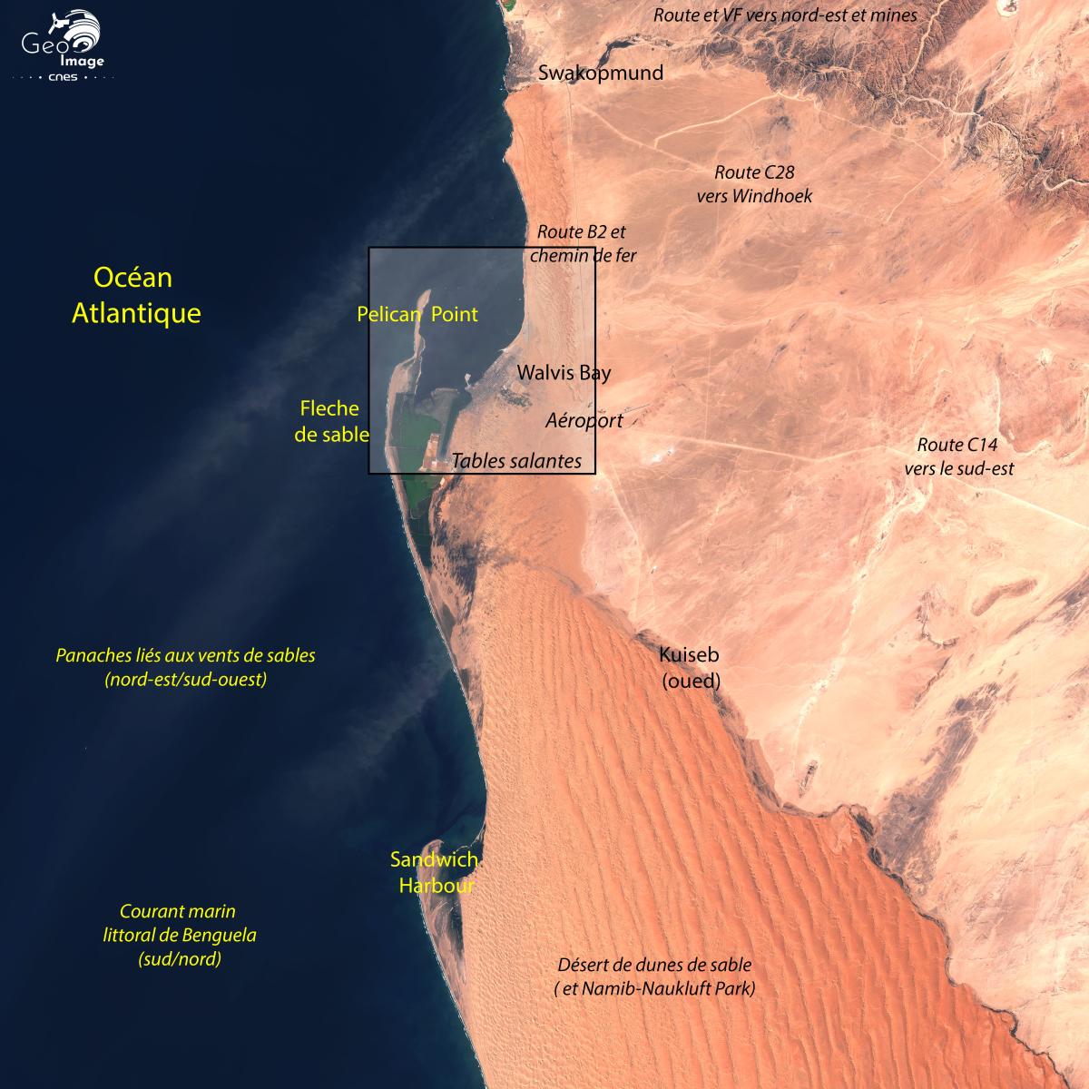 Image satellite de Walvis Bay, ville portuaire située sur la côte de la Namibie