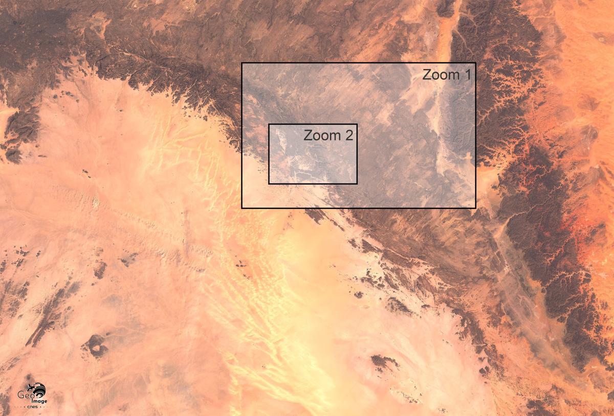 Image satellite du sud-est du Sahara algérien, à la frontière avec la Libye Image satellite du sud-est du Sahara algérien, à la frontière avec la Libye