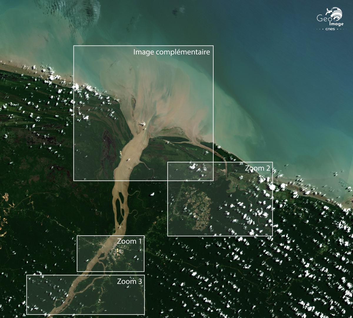 Image satellite du Maroni, fleuve-frontière entre la Guyane française et le Suriname 
