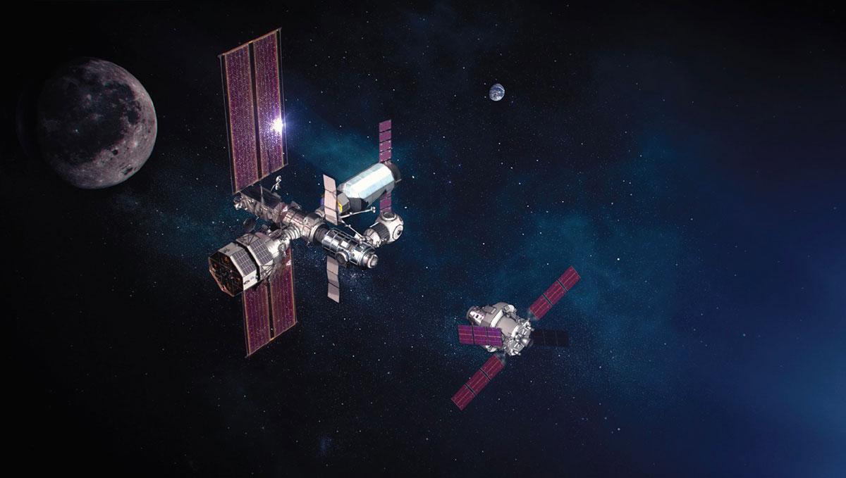 Représentation d'artiste du vaisseau Orion en approche de la station Gateway Représentation d'artiste du vaisseau Orion en approche de la station Gateway