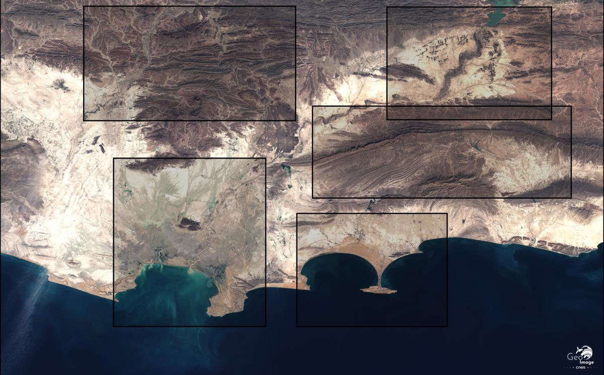 Image satellite de la région de Gwadar, ville portuaire pakistanaise, a été prise par un satellite Sentinel-2 les 16 et 24 novembre 2019.  Il s’agit d’une image en couleurs naturelles de résolution native à 10m.