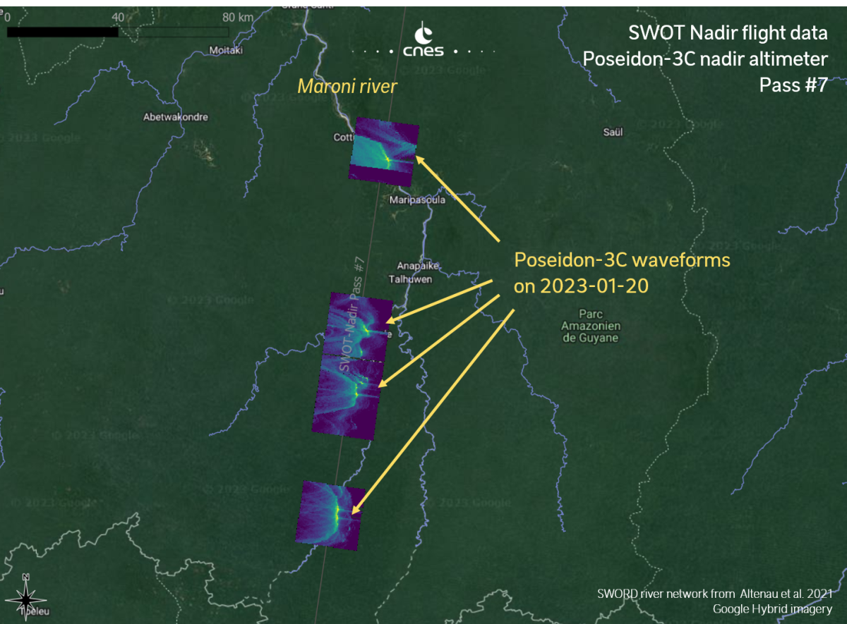 Le fleuve Maroni vu par l'altimètre Poséidon-3C de SWOT Le fleuve Maroni vu par l'altimètre Poséidon-3C de SWOT