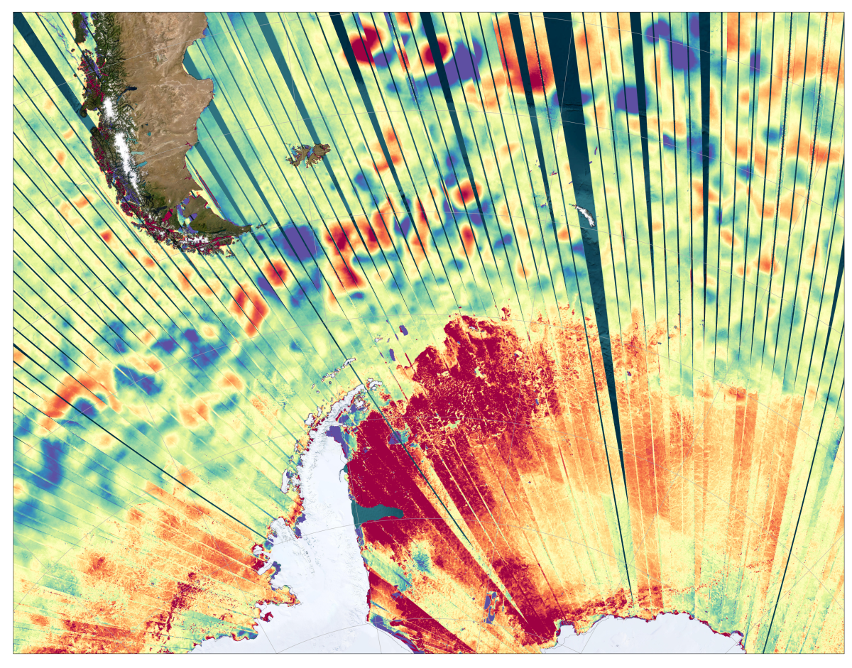 Données acquises par le satellite SWOT au-dessus de l’océan Austral