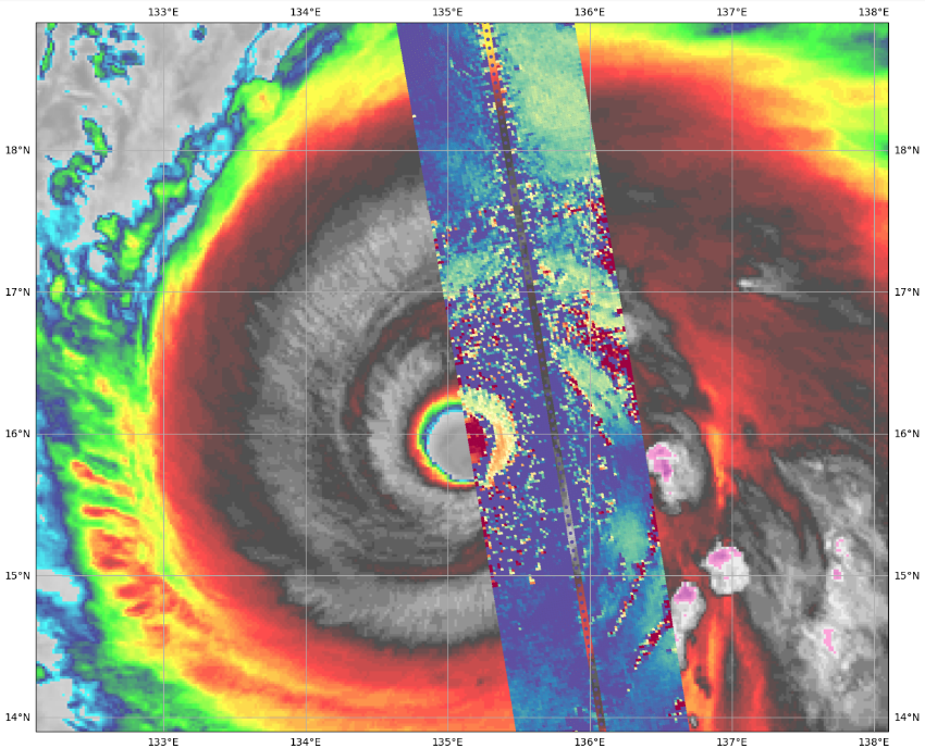 Trace du passage du satellite SWOT au-dessus d’un typhon