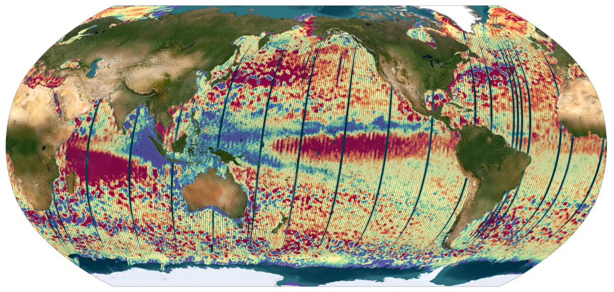 Vue spatiale du niveau global des océans à partir des données SWOT